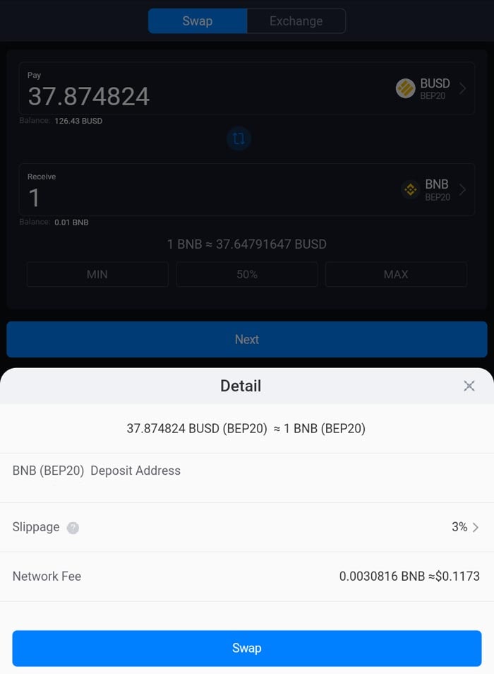 обмен токенов в кошельке safepal