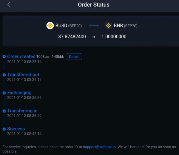 статус обмена в приложении safepal