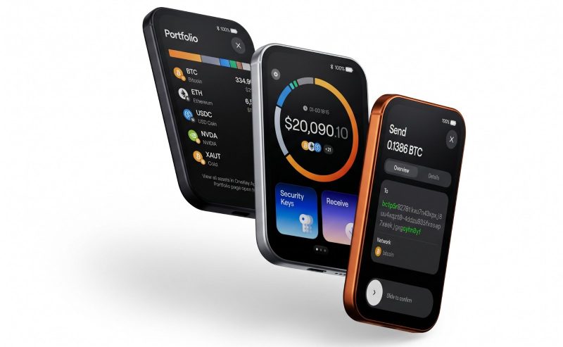 OneKey Pro 2: главный экран, портфель и подтверждение отправки BTC